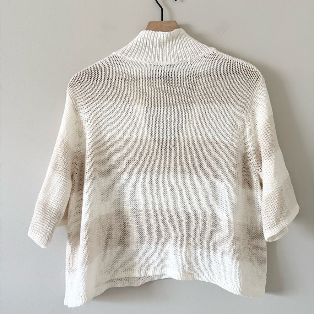 Wooden Ships Loose Knit Short Sleeve V-Neck Sweater in Tan & White Stripe S/M - Picture 8 of 8